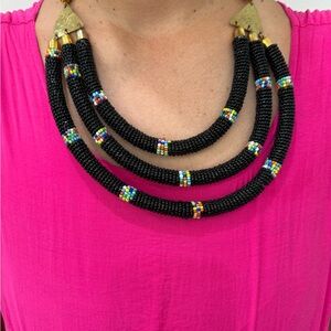 Tribal beaded black 3 strand statement necklace